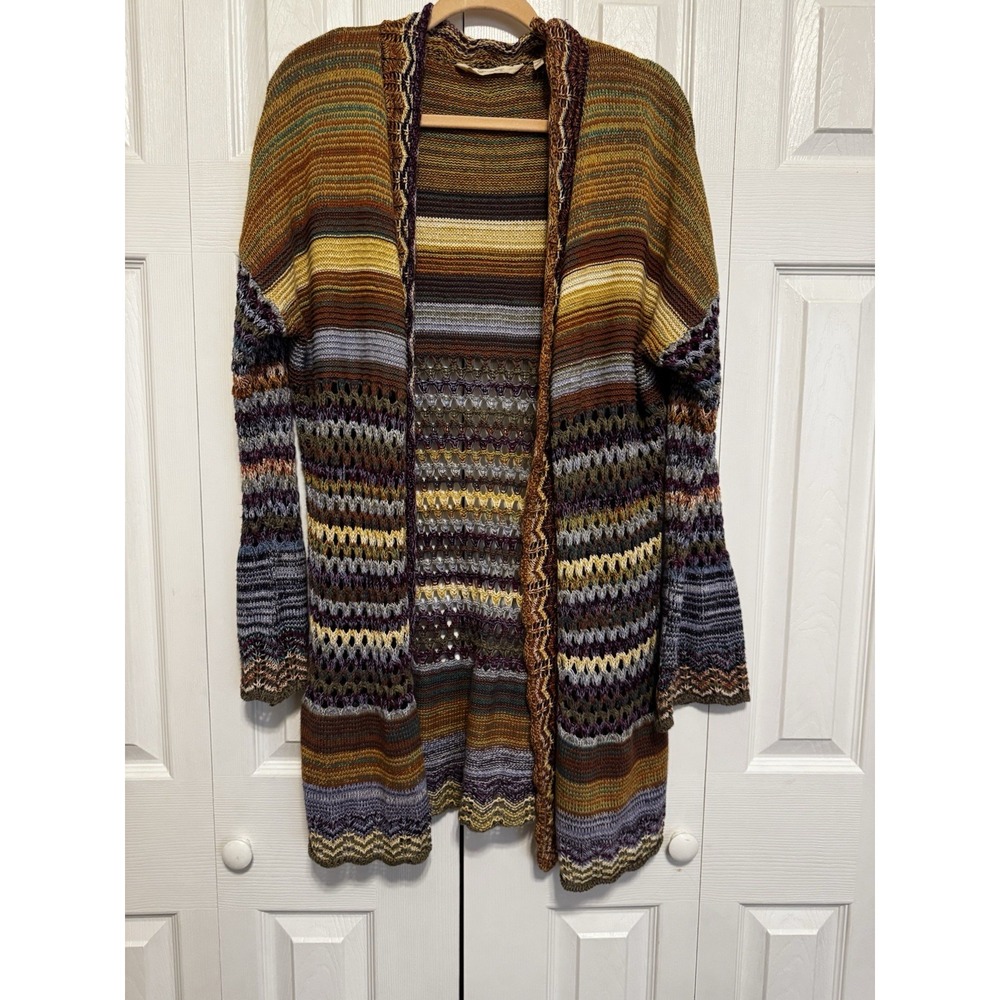 Soft Surroundings Boho Crochet Knit Striped Cardigan Sweater XL Bell Sleeve Boho